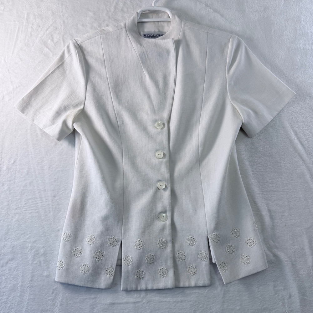 Jessica Howard White Eyelet Blazer Womens Short Sleeve Button Front Chic